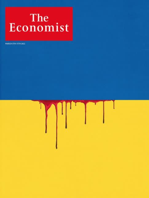 《經濟學人》封面是「烏克蘭國旗淌血」。（圖／翻攝自theeconomist IG）