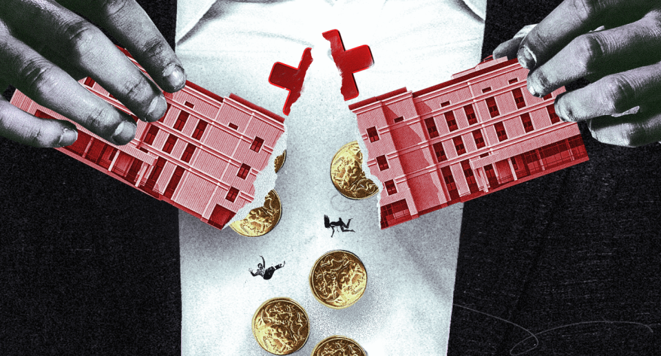 A stylised image of a person breaking a hospital in half with money coming out to represent insurance costs.