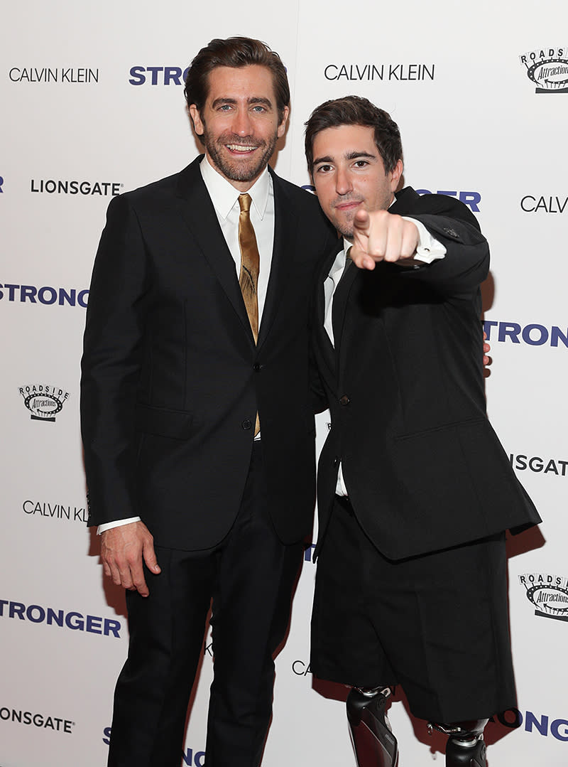 <p>Gyllenhaal shared the spotlight at the <i>Stronger</i> premiere with, appropriately enough, Jeff Bauman, the man he portrays in his new movie about the 2013 Boston Marathon bombing. (Photo: Rob Kim/Getty Images) </p>