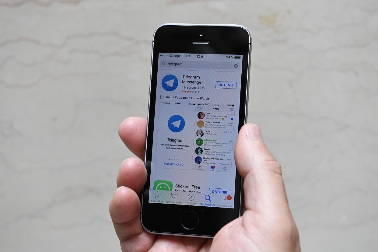 TO GO WITH AFP STORY BY PAULINE TALAGRAND This picture taken on September 15, 2016 in Paris shows the Telegram messenger application on a smartphone. - Smartphone app Telegram, favoured by the Islamic State group thanks to the encrypted messaging it offers, is proving a headache for French anti-terror investigators. The free-to-download instant messenger, which allows people to exchange messages, photos and videos in groups of up to 5,000 people, has attracted some 100 million users since its launch in 2013. (Photo by CHRISTOPHE ARCHAMBAULT / AFP)        (Photo credit should read CHRISTOPHE ARCHAMBAULT/AFP via Getty Images)