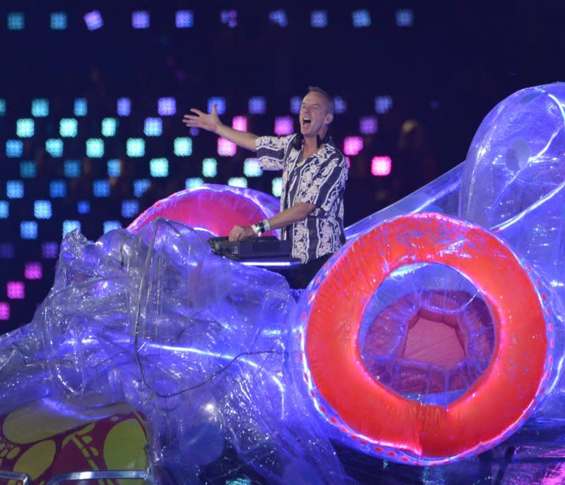 Fatboy Slim performs during the closing ceremony for the London 2012 Summer Olympics on August 12, 2012, in Stratford, London. The musician turns 60 on July 32. File Photo by Brian Kersey/UPI