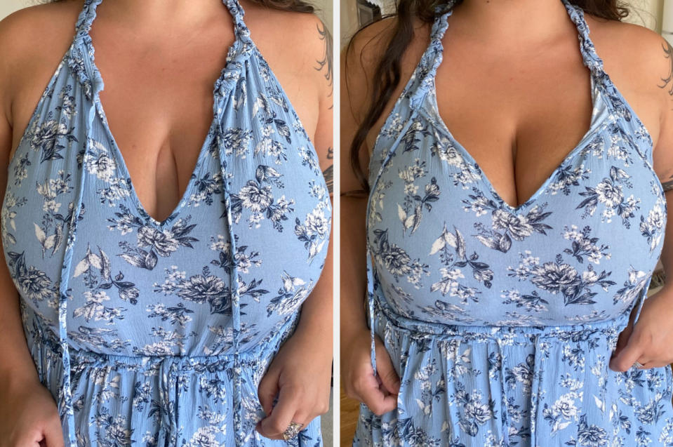 Kylee before and after trying on the Misses Kisses bra in a low-cut sundress. Her boobs, which are an H cup, look much more rounded and lifted