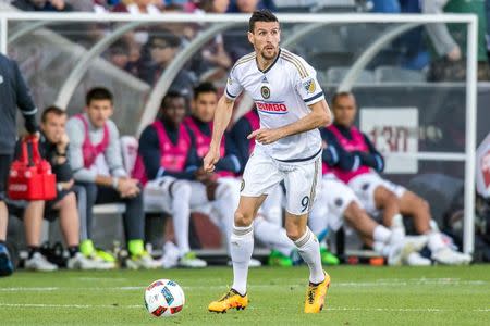 May 28, 2016; Commerce City, CO, USA; Philadelphia Union forward Sebastien Le Toux (9) controls the ball in the first half against the Colorado Rapids at Dick's Sporting Goods Park. The match ended in a 1-1 draw. Mandatory Credit: Isaiah J. Downing-USA TODAY Sports