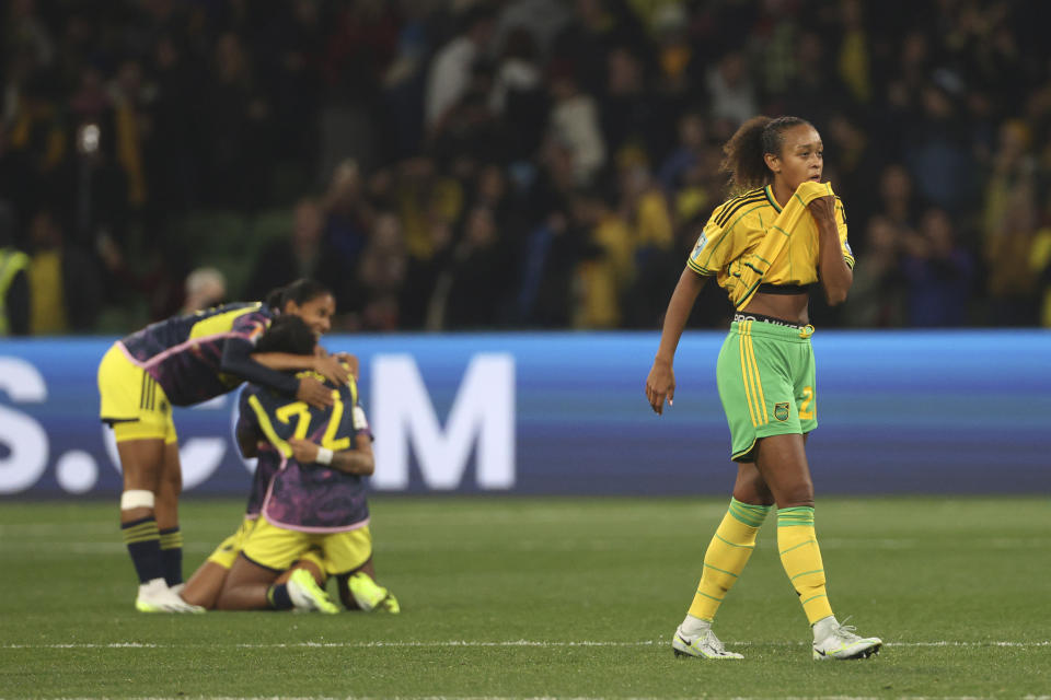 Jamaica's Atlanta Primus leaves the pitch at the end of the Women's World Cup round of 16 soccer match between Jamaica and Colombia in Melbourne, Australia, Tuesday, Aug. 8, 2023. (AP Photo/Hamish Blair)