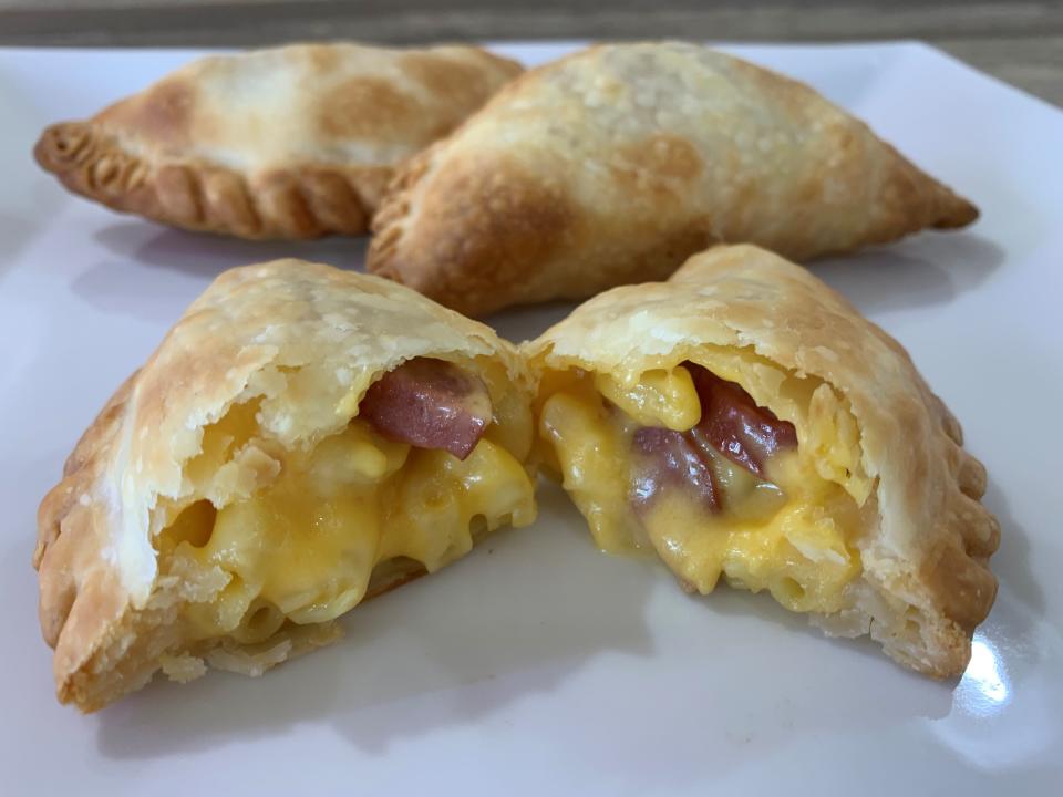 Ori's Bakery & Cafe's mac and cheese empanada with chopped hot dog