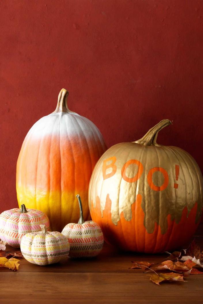 <p>Make your pumpkin look like your favorite Halloween candy. Spray paint the top fourth of an oval pumpkin white. Once dry, flip it over (you can balance it on a cardboard box) and spray paint the bottom third yellow. <br></p><p><a class="link " href="https://www.amazon.com/Krylon-K05151207-Interior-Exterior-Decorator/dp/B0001DUJAW/?tag=syn-yahoo-20&ascsubtag=%5Bartid%7C10070.g.1902%5Bsrc%7Cyahoo-us" rel="nofollow noopener" target="_blank" data-ylk="slk:Shop Spray Paint">Shop Spray Paint</a> <br></p><p>RELATED: <strong><a href="https://www.womansday.com/food-recipes/food-drinks/g28251309/best-halloween-candy/" rel="nofollow noopener" target="_blank" data-ylk="slk:The Best Halloween Candy of All Time, Ranked" class="link ">The Best Halloween Candy of All Time, Ranked</a></strong></p>