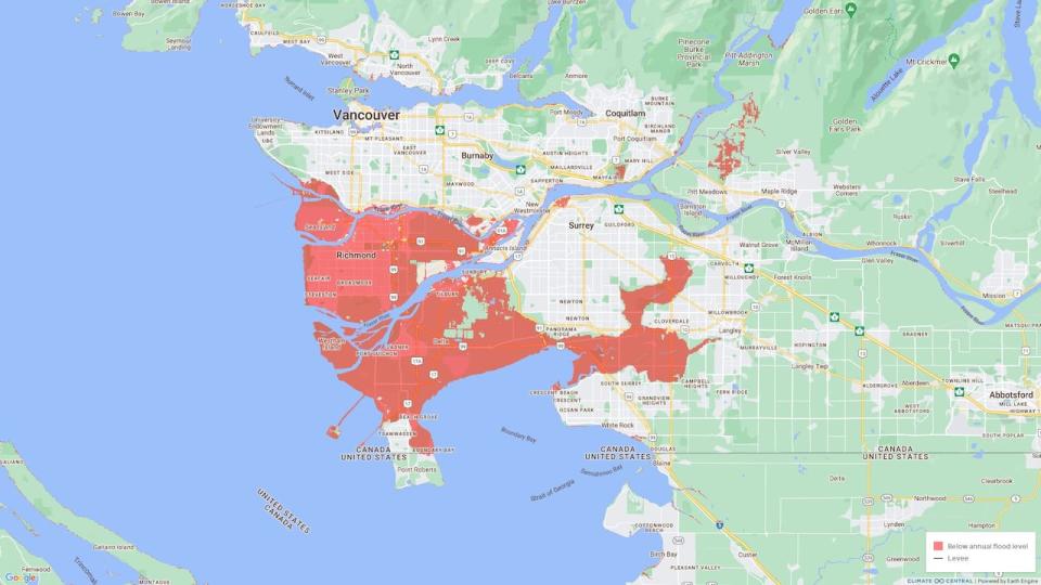 New map from the U.S.-based research group Climate Central show flood risk zones extend further inland in portions of Metro Vancouver.