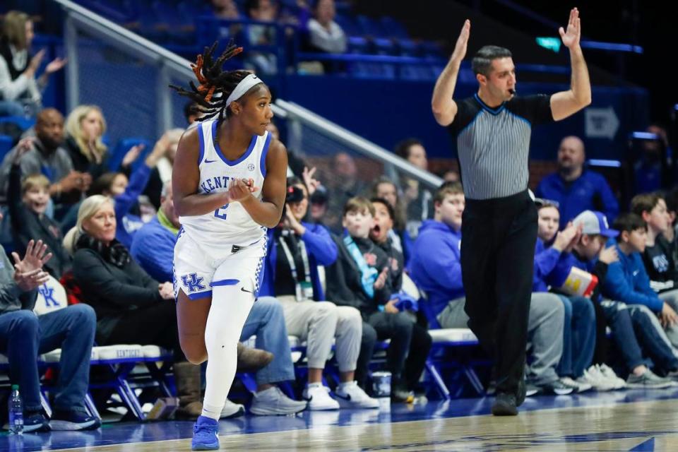 Kentucky sophomore guard Saniah Tyler, shown here in a game earlier this season, helped lead the comeback as the Wildcats overtook Lipscomb on Thursday afternoon. Tyler scored 22 points and led the Cats with three 3-point baskets. Silas Walker/swalker@herald-leader.com