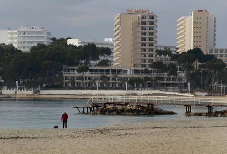 A woman and her dog stroll at the beach in the holiday resort of Magaluf, on the Spain's island of Mallorca, January 27, 2016. REUTERS/Enrique Calvo