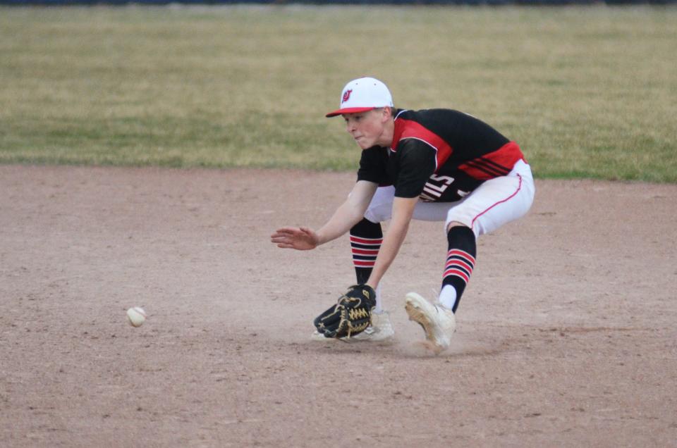 Kaleb Schroeder and the East Jordan baseball team picked up a split with rival Boyne City Thursday.