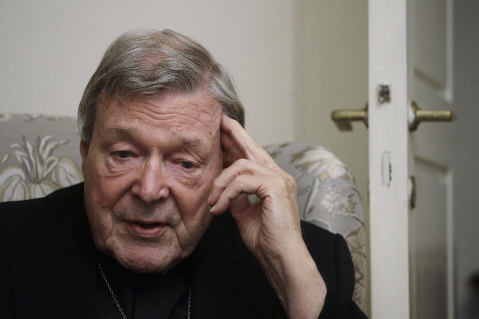 Cardinal George Pell answers a question during an interview with the Associated Press inside his residence near the Vatican in Rome, Monday, Nov. 30, 2020. The pope’s former treasurer, who was convicted and then acquitted of sexual abuse in his native Australia, said Monday he feels a dismayed sense of vindication as the financial mismanagement he tried to uncover in the Holy See is now being exposed in a spiraling Vatican corruption investigation. (AP Photo/Gregorio Borgia)