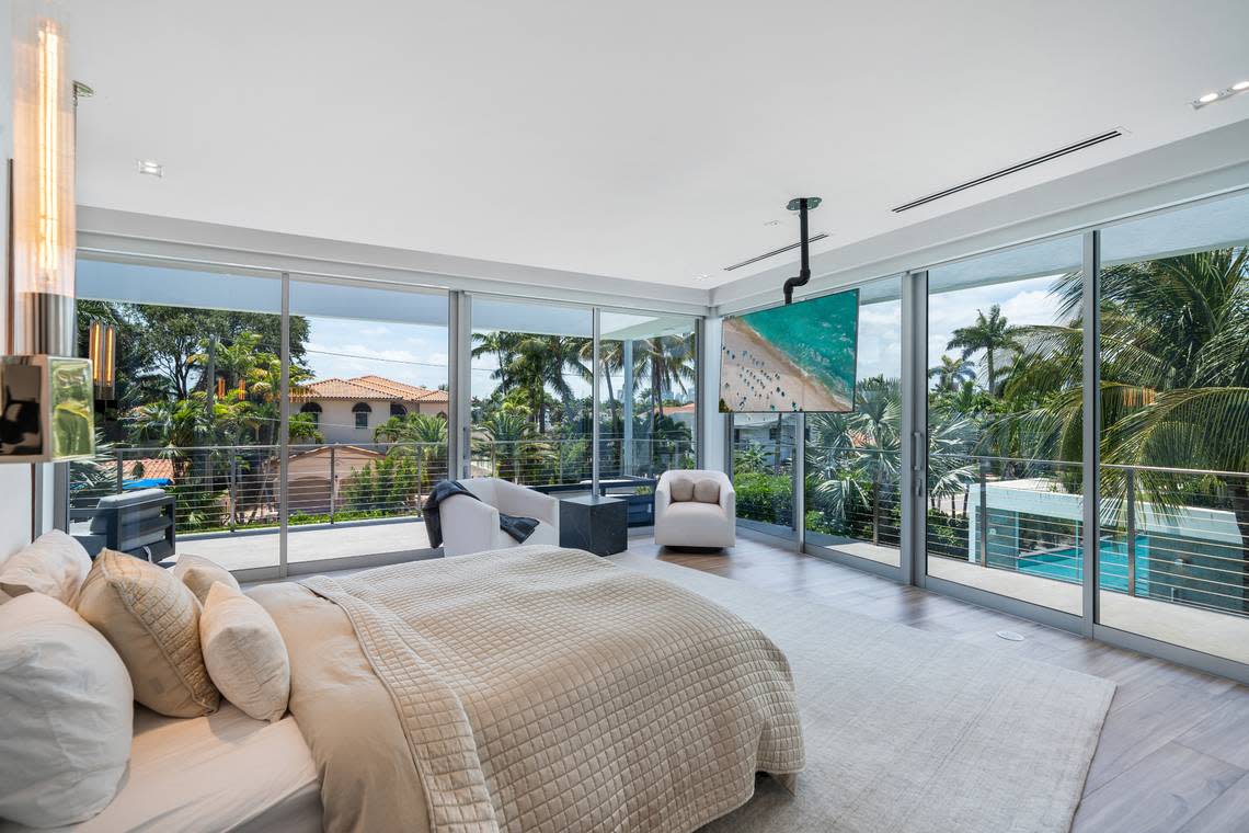This is a photo of one of the seven bedrooms in the Miami Beach mansion ex-Miami Heat player Victor Oladipo recently sold to a Royal Caribbean executive.
