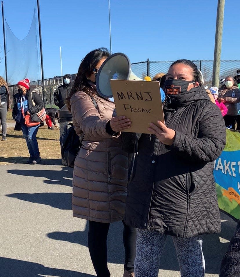 Maria Sandoval of Passaic speaks at "Excluded Women March" in Passaic on March 7, 2021.