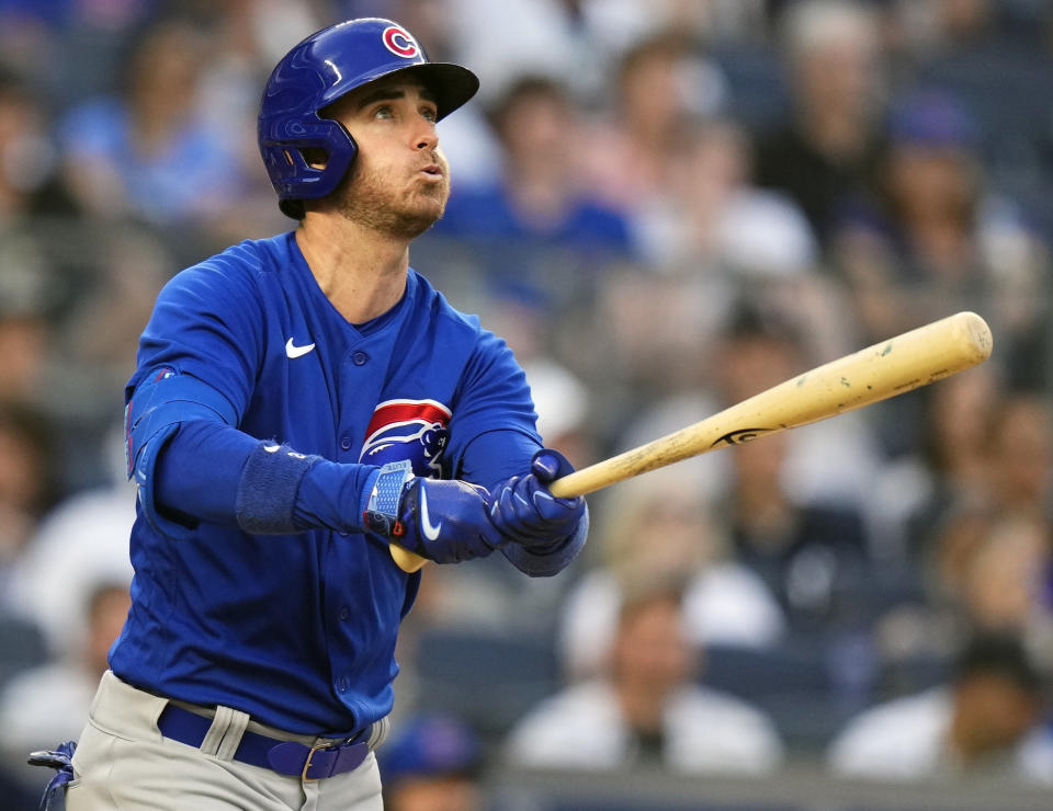 FILE - Chicago Cubs' Cody Bellinger watches his home run during the third inning of a baseball game against the New York Yankees, July 7, 2023, in New York. Bellinger declined his end of a $25 million mutual option for 2024 as expected and will test the free-agent market coming off a bounce-back season. (AP Photo/Frank Franklin II, File)