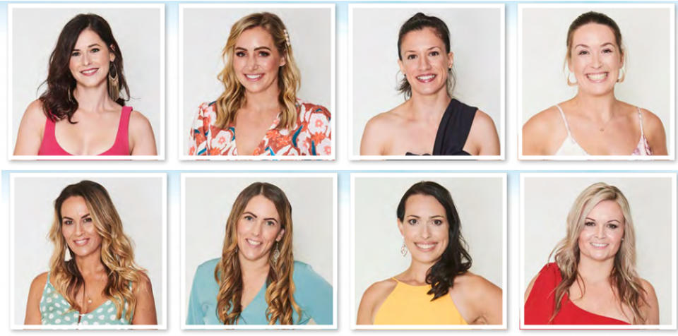 Farmer Will's ladies are (top row L-R): Jessica, 29, Jaimee, 32, Cat, 33, Caitlyn, 29, and (bottom row L-R): Tammy, 40, Kristina, 29, Alana, 30, Lisa, 39. Photo: Channel 7 (supplied).