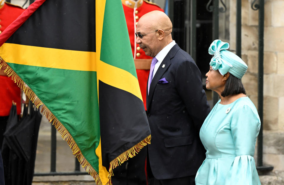 Governor-General of Jamaica Patrick Allen and wife Lady Patricia Allen arrive to attend the Coronation of King Charles III and Queen Camilla. / Credit: TOBY MELVILLE / Getty Images