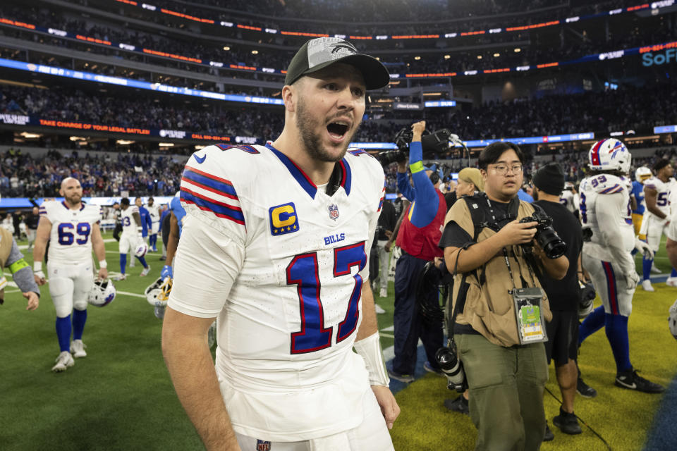 Buffalo Bills quarterback Josh Allen (17) reacts after an NFL football game against the Los Angeles Chargers, Saturday, Dec. 23, 2023, in Inglewood, Calif. (AP Photo/Kyusung Gong)