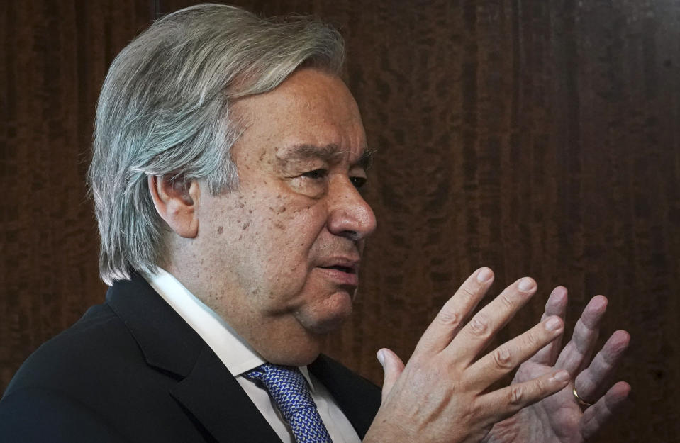 United Nations Secretary-General António Guterres speaks during an interview, Wednesday Oct. 21, 2020, at U.N. headquarters. (AP Photo/Bebeto Matthews)