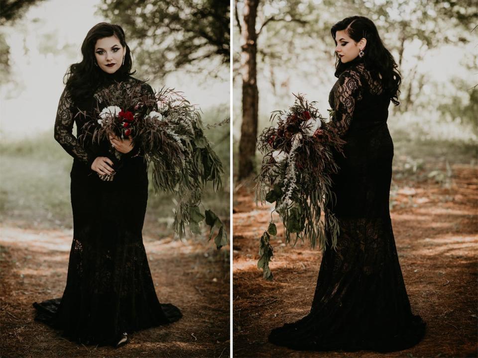 A front and back shot of a bride wearing a black, lace wedding dress.