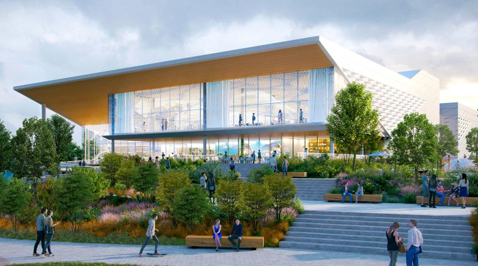 A rendering shows an exterior view of the new Museum of Science & History building planned for the Jacksonville riverfront in downtown near the sports complex.