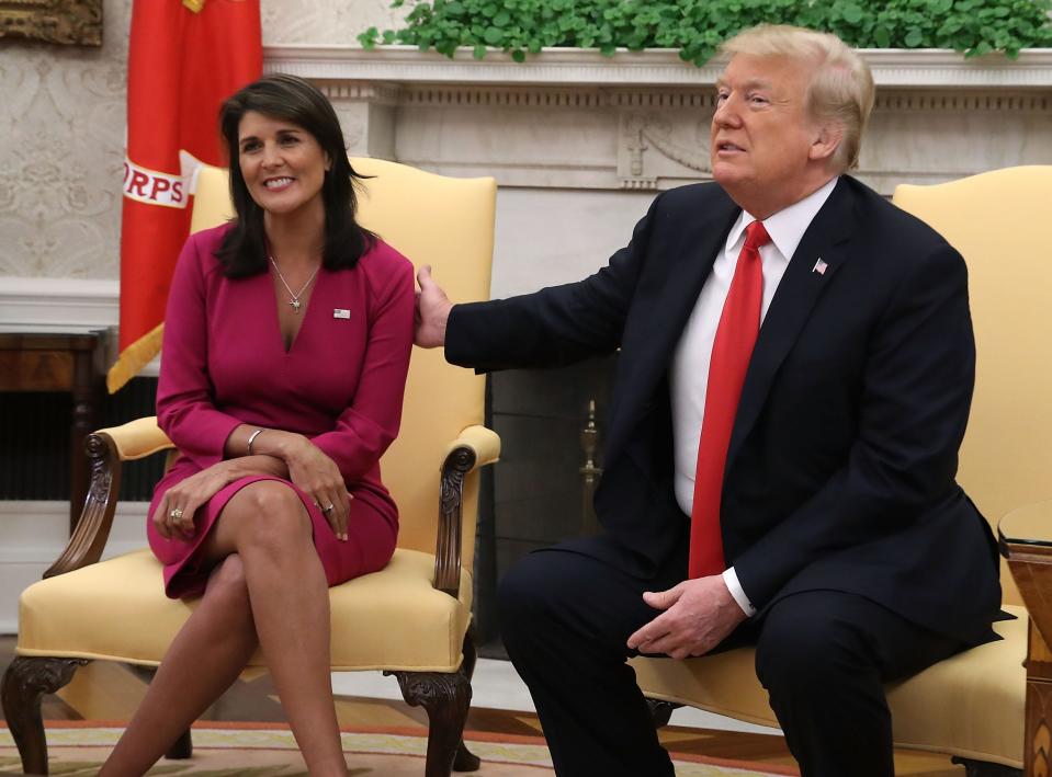 US President Donald Trump announces that he has accepted the resignation of Nikki Haley as US Ambassador to the United Nations, in the Oval Office on October 9, 2018 in Washington, DC. President Trump said that Haley will leave her post by the end of the year.