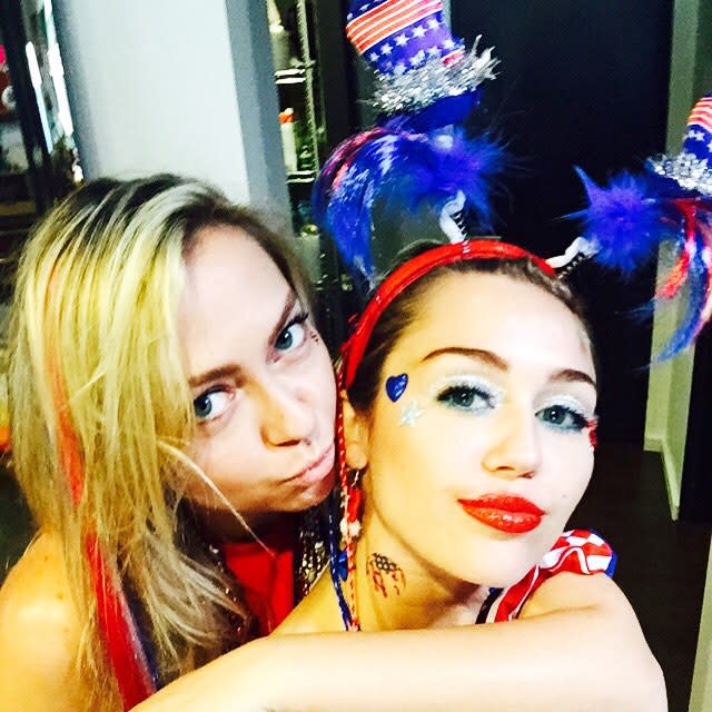 Watch out Taylor Swift -- you're not the only pop star who can throw a star-studded Fourth of July bash! Miley Cyrus threw a pretty amazing Independence Day party on Saturday, and lucky for us, she documented it all on Instagram. Rocking an American flag bikini top and sparkly hot pants, Miley partied with her pals Mike Will Made It, the Flaming Lips' Wayne Cohen, Moschino creative director Jeremy Scott, her mom Tish Cyrus, her sister Brandi Cyrus, and her bestie/assistant Cheyne Thomas. Check out Miley's pearl-encrusted eyebrows. <strong>WATCH: Miley Cyrus On Living Out and Proud: 'My Life Is F**king Pride'</strong> Obviously, not turning up was not an option. "Turnt," the 22-year-old singer wrote. And judging from Spotify's latest statistics, there's a good chance Miley was listening to her own 2009 hit "Party in the U.S.A." for the occasion. According to the music streaming service, the catchy jam was the most played song from their Independence Day list in 46 out of 50 states. <strong>WATCH: Miley Cyrus Reveals She Had Romantic Feelings for Women at 14 Years Old</strong> There was no sign of Miley's girlfriend -- Victoria's Secret model Stella Maxwell -- at the weekend festivities, though the two were caught in a super-steamy makeout session last Tuesday. Watch below: