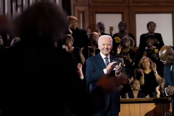 PHOTO: President Joe Biden attends a service honoring Martin Luther King Jr. at Ebenezer Baptist Church in Atlanta, Jan. 15, 2023. Sen. Raphael Warnock, D-Ga., is at right. (Carolyn Kaster/AP)