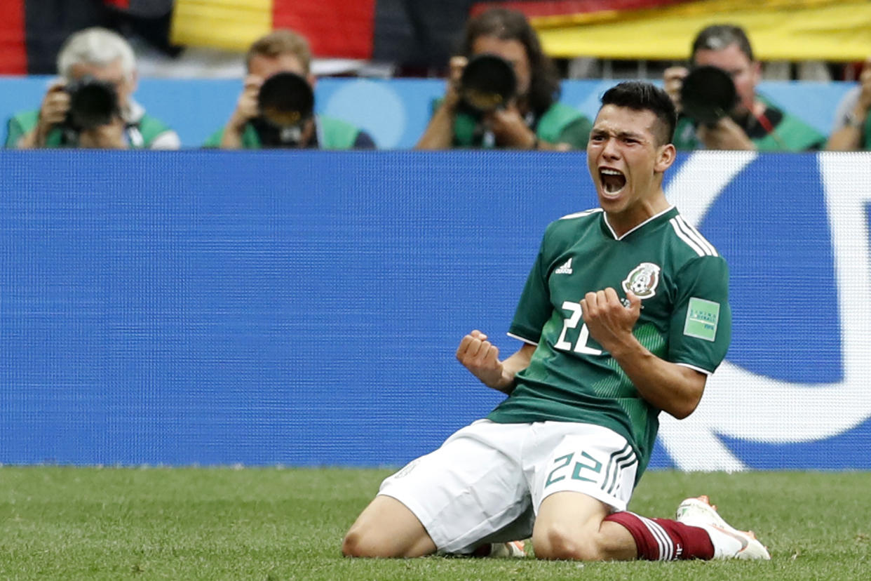 Mexico’s Hirving Lozano, celebrates scoring his side’s opening goal during the group F match between Germany and Mexico at the 2018 soccer World Cup in the Luzhniki Stadium in Moscow, Russia, Sunday, June 17, 2018. (AP Photo/Antonio Calanni)