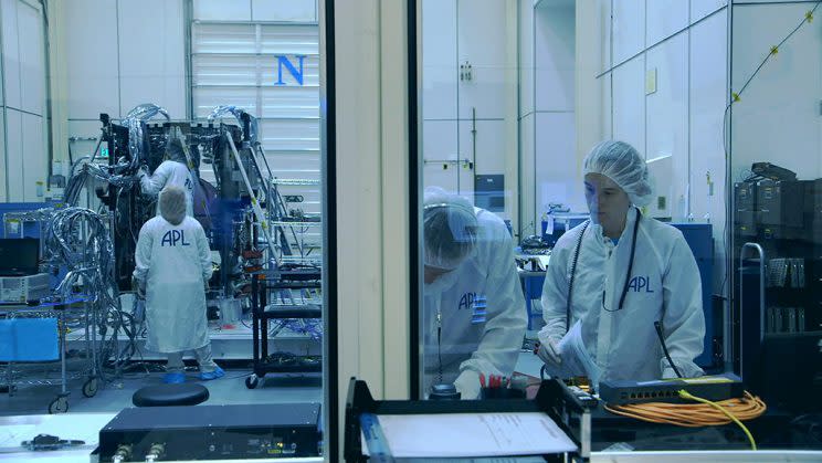 Engineers work in the Johns Hopkins University Applied Physics Lab clean room on Solar Probe Plus. (Credit: Discovery Channel)
