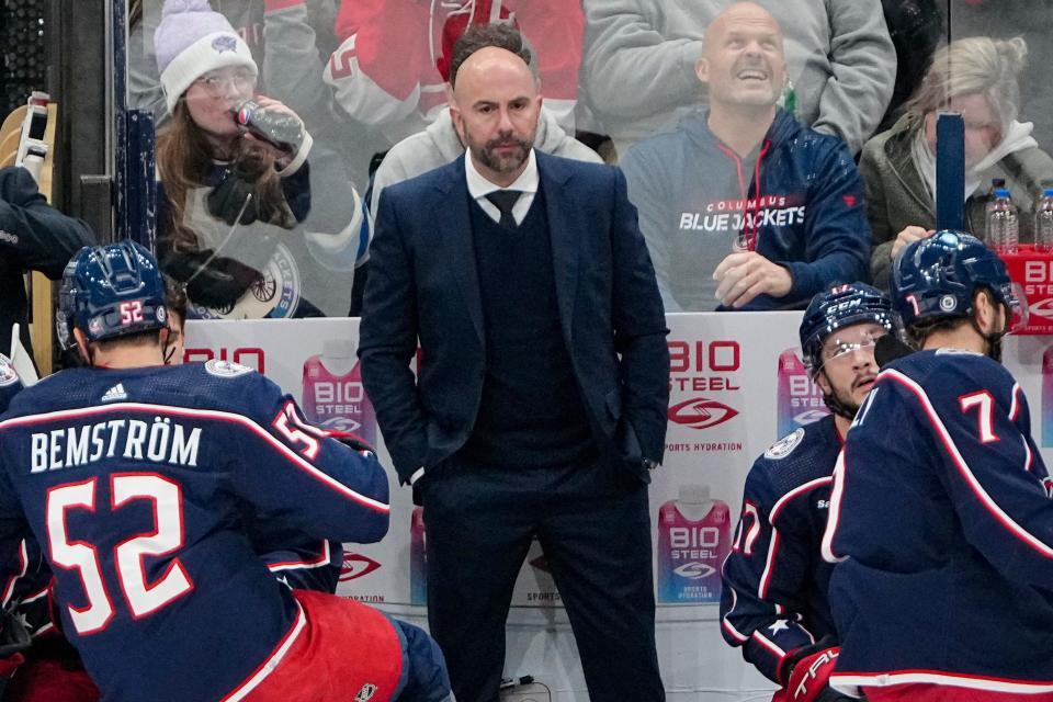 Oct 16, 2023; Columbus, Ohio, USA; Columbus Blue Jackets head coach Pascal Vincent watches from the bench during the second period of the NHL hockey game against the Detroit Red Wings at Nationwide Arena.