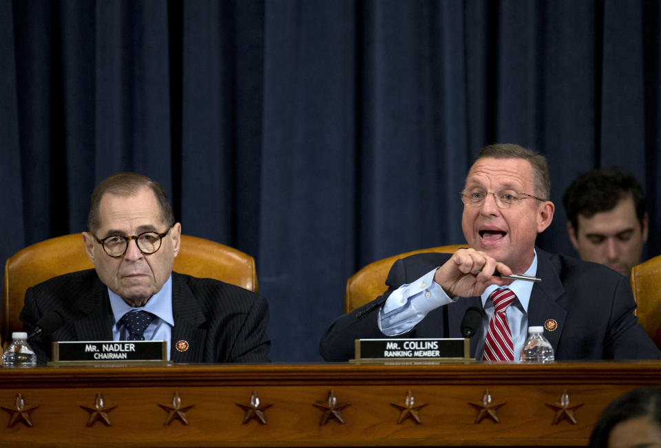 House Judiciary Committee Chairman Rep. Jerrold Nadler of N.Y., listens as ranking member Rep. Doug Collins, R-Ga., speaks during a House Judiciary Committee markup of the articles of impeachment against President Donald Trump, Wednesday, Dec. 11, 2019, on Capitol Hill in Washington. (AP Photo/Jose Luis Magana, Pool)