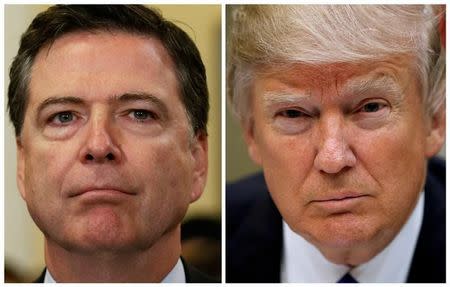 A combination photo shows FBI Director James Comey (L) on Capitol Hill in Washington, U.S. on July 14, 2016 and U.S. President Donald Trump at the White House in Washington, U.S., March 1, 2017. REUTERS/Jonathan Ernst,Kevin Lamarque/Files