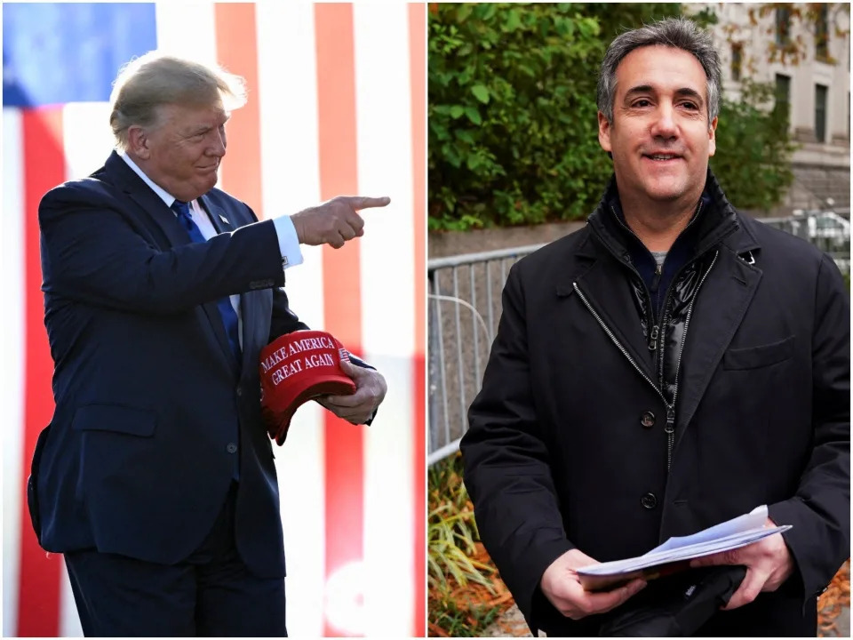 Donald Trump speaks at a rally in Delaware on April 23, 2022, left. Michael Cohen leaves federal court in Manhattan on Nov. 22, 2021, right.