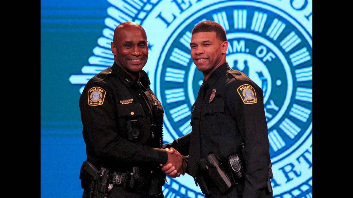 Lexington Police Chief Lawrence Weathers congratulates Brandon Nichols, a Lexington native, on graduating from the Lexington police training academy on Jan. 6, 2023.