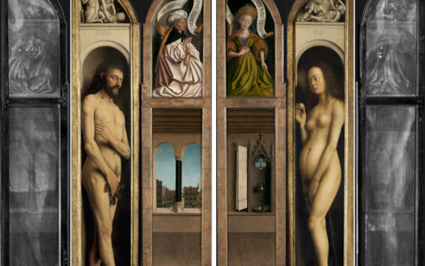 The front and back of panels from the Ghent Altarpiece with x-rays showing the merged paintings - Credit: Hugo Maertens, Dominique Provost, KIK - IRPA (x - ray)