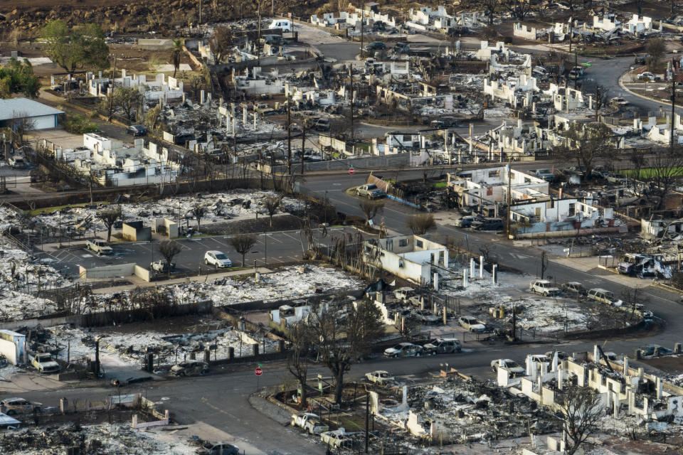 A general view shows the aftermath of a wildfire in Lahaina, Hawaii, Thursday, Aug. 17, 2023. (AP Photo/Jae C. Hong)