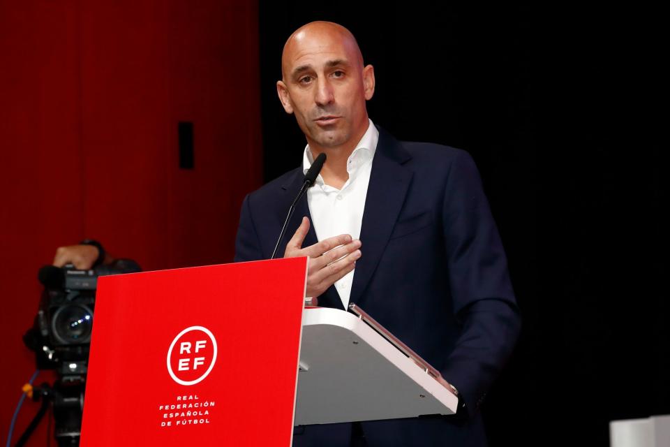 <p>Europa Press via AP</p> Luis Rubiales announces his resignation from his role as president of the Royal Spanish Football Federation
