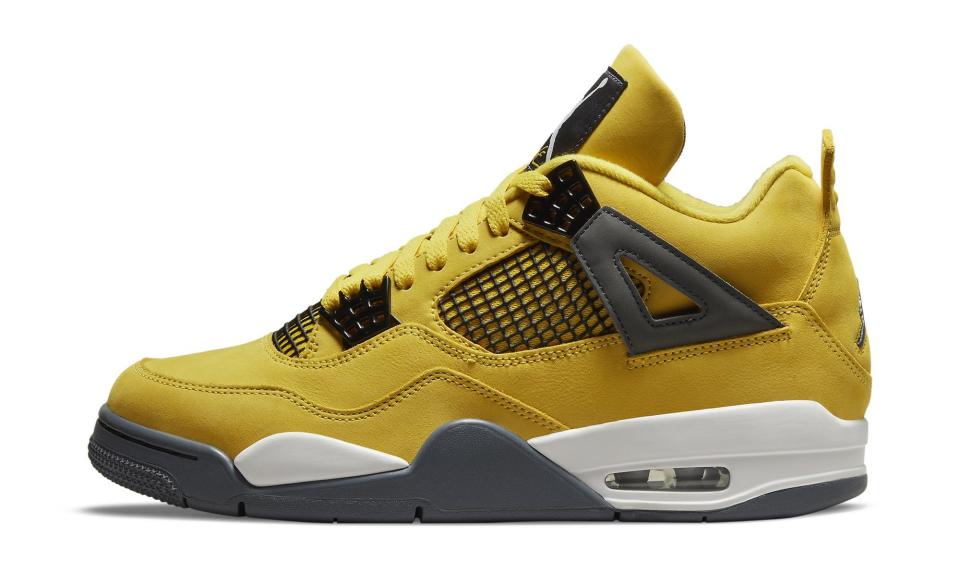The lateral side of the Air Jordan 4 “Tour Yellow.” - Credit: Courtesy of Nike