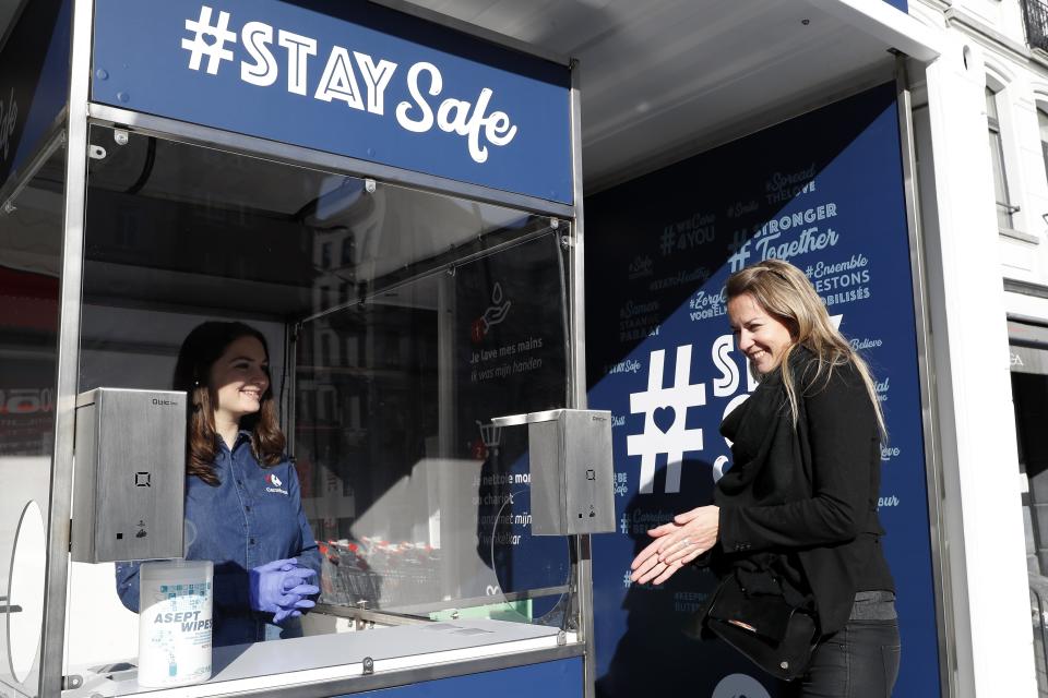 BRUSSELS, BELGIUM - APRIL 10 : presentation of the new StaySafe Cube - Carrefour store during the outbreak of COVID-19. Illustration pictures on April 10, 2020 in Brussels, Belgium, 10/04/2020 ( Photo by Jimmy Bolcina / Photonews via Getty Images)