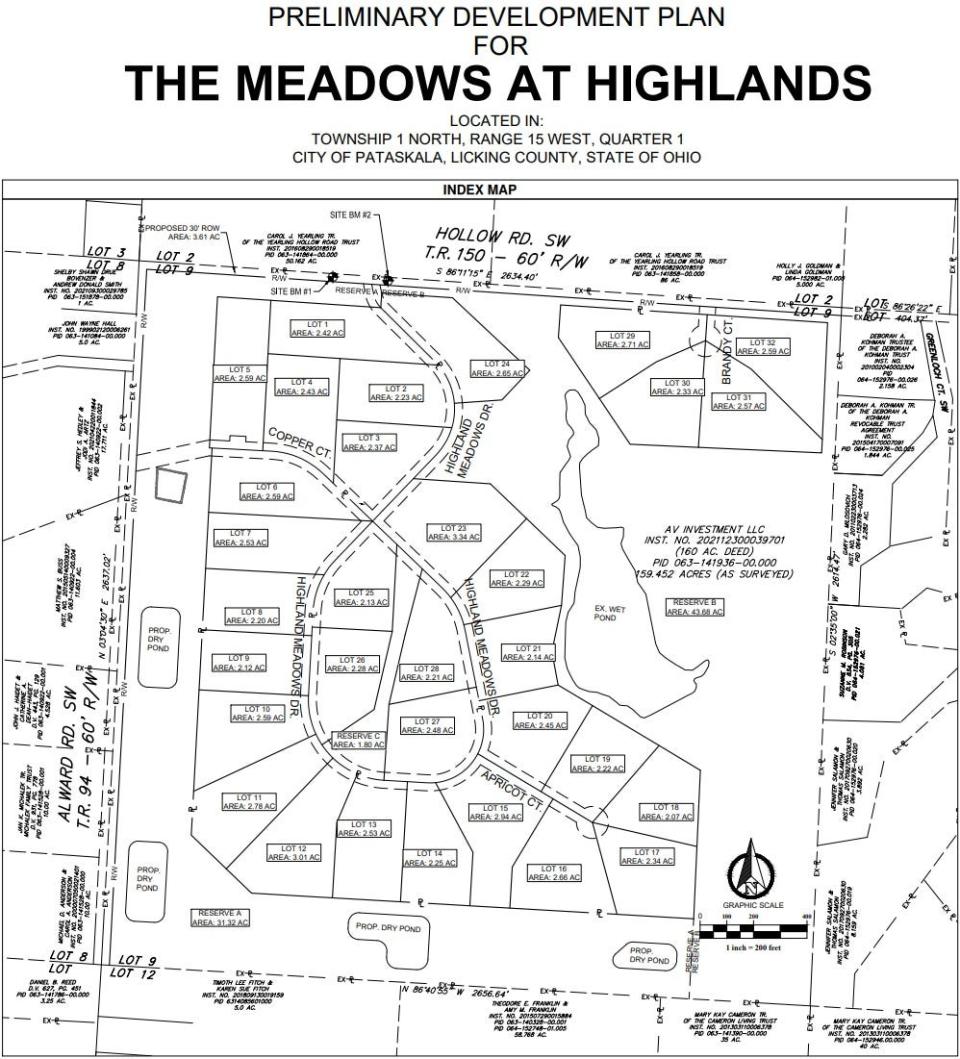 The preliminary development plan for the Meadows at Highlands, a new Pataskala housing development at the former High Lands Golf Club.