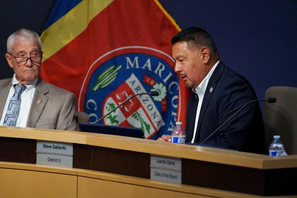 Steve Gallardo speaks at Maricopa County Board of Supervisors special meeting, saying he cannot support any of the three candidates to replace Liz Harris in the House of Representatives on May 5, 2023, in Phoenix, Ariz.