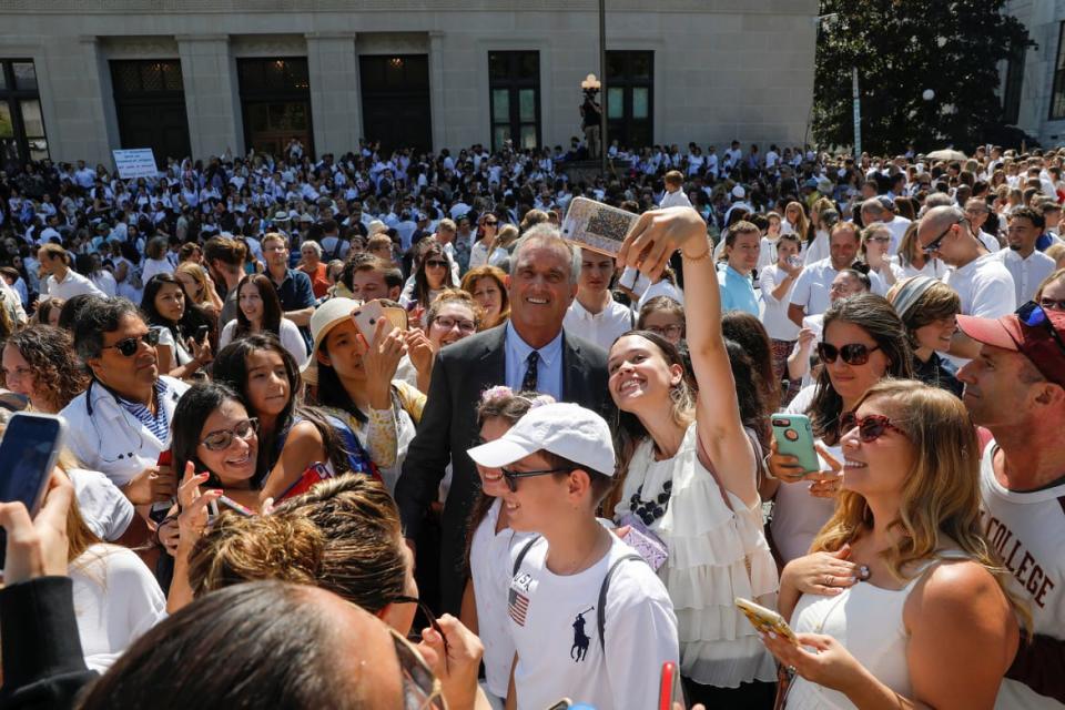 <div class="inline-image__caption"><p>Attorney Robert F. Kennedy Jr. is surrounded by supporters as he departs New York State Supreme Court after a hearing challenging the constitutionality of the NY State Legislature's repeal of the religious exemption to vaccination in Albany, New York on August 14, 2019.</p></div> <div class="inline-image__credit">Mike Segar/Reuters</div>