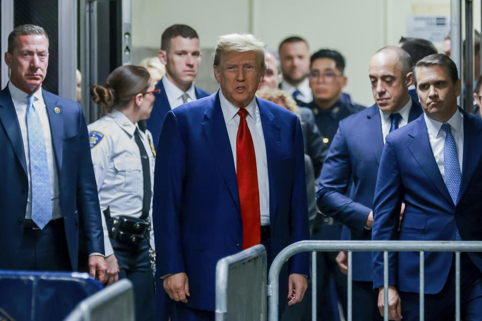 Former President Donald Trump arrives for the start of a hearing at New York Criminal Court in New York, Monday, March 25, 2024. (Justin Lane/Pool Photo via AP)