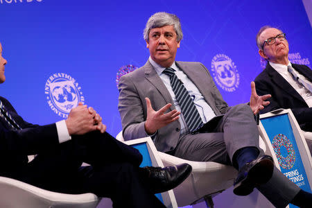 Eurogroup President Mario Centeno speaks during a panel entitled "Reforming the Euro Area: Views from Inside and Outside of Europe" during IMF spring meetings in Washington, U.S., April 19, 2018. REUTERS/Aaron P. Bernstein