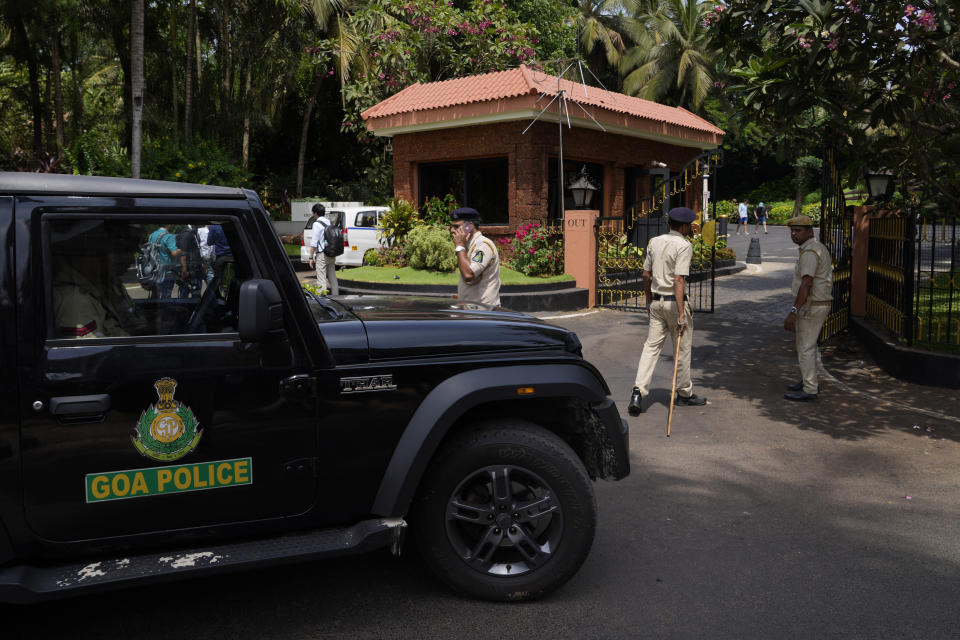 Policemen stand guard outside the main venue of the Shanghai Cooperation Organization (SCO) council of foreign ministers' meeting, in Goa, India, Thursday, May 4, 2023. India's foreign minister is expected to hold bilateral talks with counterparts from China and Russia on Thursday ahead of a Central Asian security forum meeting. Foreign ministers of the Shanghai Cooperation Organization began arriving in host India's tourist hotspot Goa, where they are expected to discuss deepening economic and security cooperation in the region on Friday. (AP Photo/Manish Swarup)