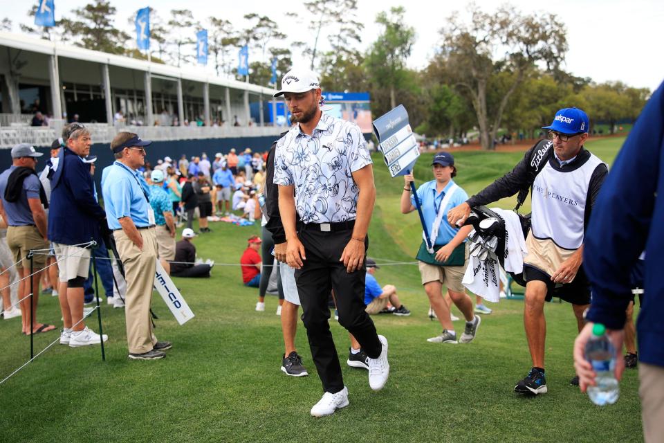Adam Svensson walks off hole 18 finishing -4 on the day during the first round of The Players golf tournament Thursday, March 9, 2023 at TPC Sawgrass in Ponte Vedra Beach, Fla. 