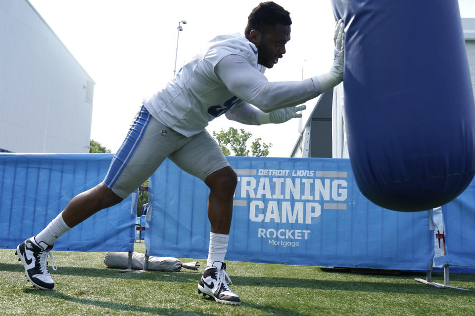 Detroit Lions linebacker Romeo Okwara works out after an NFL football practice in Allen Park, Mich., Tuesday, July 25, 2023. (AP Photo/Paul Sancya)