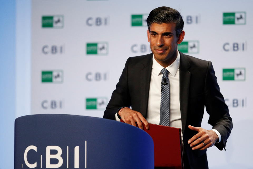 Britain's Chancellor of the Exchequer Rishi Sunak speaks at the Confederation of British Industry's (CBI) annual dinner in London, Britain, May 18, 2022. Peter Nicholls/REUTERS