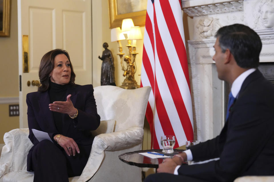 Britain's Prime Minister Rishi Sunak, right, meets with US Vice President Kamala Harris at 10 Downing Street in London, Wednesday Nov. 1, 2023. The vice president is visiting the UK to attend the British government's AI Safety Summit. (Carl Court/Pool Photo via AP)