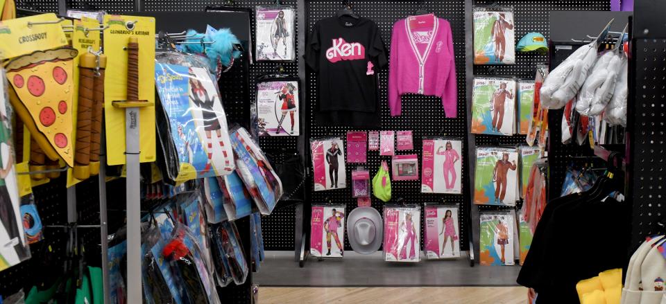 The display of Barbie costumes at the Spirit Halloween store in North Canton. Tuesday, Oct. 3, 2023